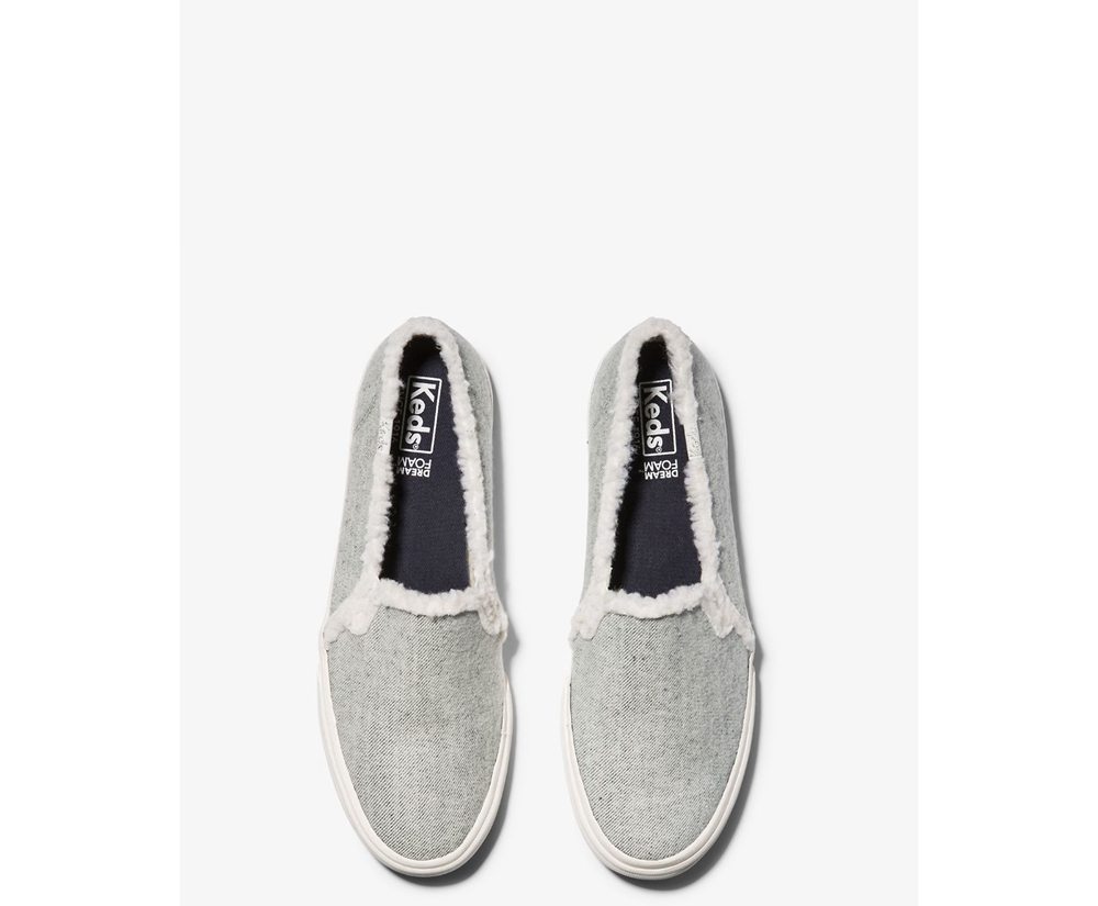 Womens Keds Slip Ons - Double Decker Brushed Denim Faux Shearling - Grey - 2085-QKVJE